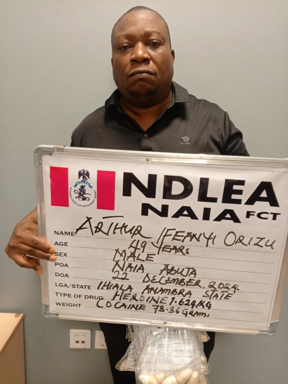 Paris-bound businessman arrested at Abuja airport for ingesting 74 wraps of heroin, cocaine. As NDLEA intercepts two boats loaded with illicit drug consignments at Eleko beach Lagos, arrests 6 Ghanaians, Beninese