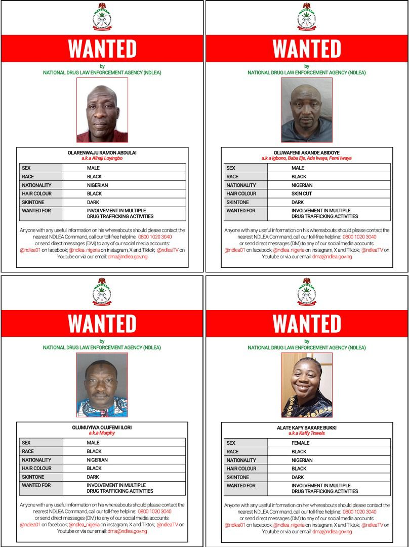 NDLEA declares 4 members of ‘Barryshine’ drug cartel wanted…Over cocaine shipments to Saudi Arabia, Qatar, others