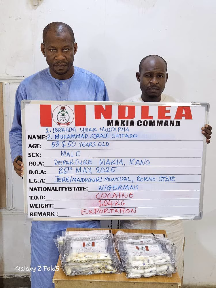 NDLEA busts syndicate sponsoring pilgrims with cocaine to hajj, arrests 3 kingpins in Kano.Nabs 2 Saudi-bound pilgrims, businessman going to Iran for ingesting 155 cocaine wraps; intercepts N9.3billion worth of opioids in Rivers