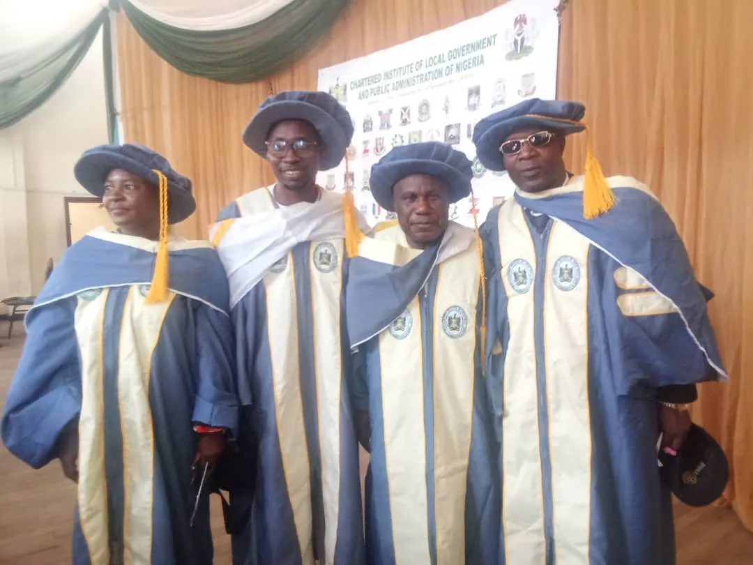 Senator Abdulfatai Buhari, PhD, (second right), Chairman, Senate Committee on Aviation with fellow inductees at their installation today, as Fellows of the Chartered Institute of Local Government and Public Administration of Nigeria, (FCPA), at the auditorium of The Polytechnic, Ibadan. The ceremony was presided over by FCPA Registrar, Dr Uche Okereke